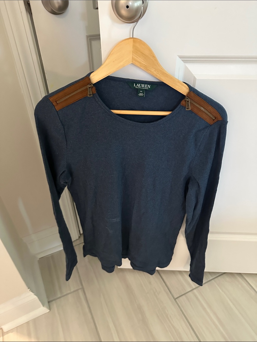 Lauren Ralph Lauren Navy Sweater with Brown Shoulder Zippers